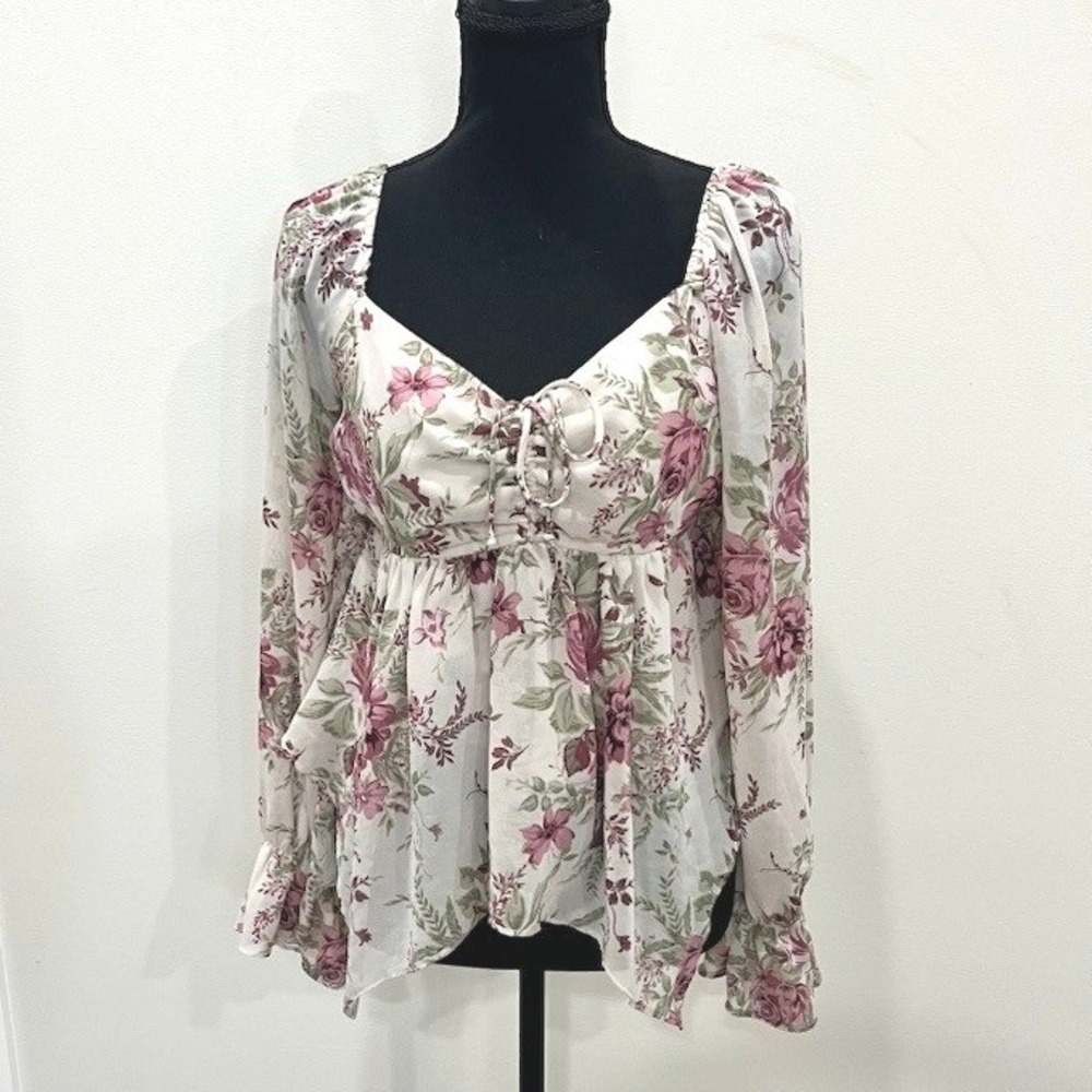 Romantic Cottagecore Floral Ruched Bust Babydoll Peplum Chiffon Blouse M
